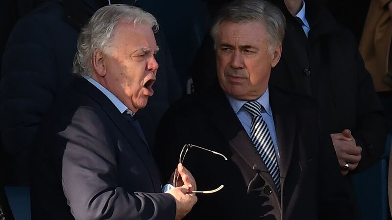 Everton’s new Italian manager Carlo Ancelotti with chairman Bill Kenwright. Photograph: Getty Images