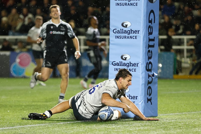 Saracens' Juan Martin Gonzalez scoring his side's sixth try during a match away to Newcastle Falcons on November 12th, 2023. Photograph: Richard Sellers/PA Wire