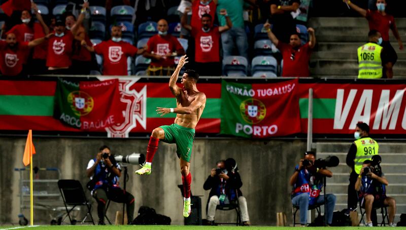 Portugal's Cristiano Ronaldo celebrates scoring his side's second goal against Ireland in a game at Estadio Algarve, Portugal, in September 2021. Photograph: Ryan Byrne/Inpho