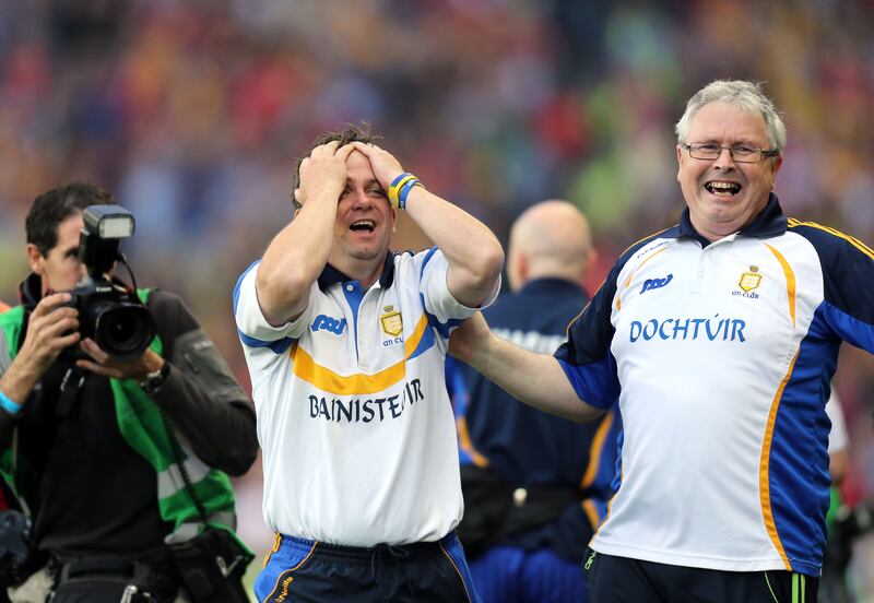 Davy Fitzgerald celebrates after Clare's victory over Cork in the 2013 All-Ireland final replay. Photograph: Alan Betson

