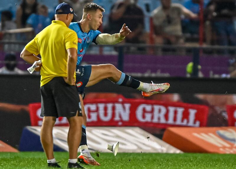 Bulls' David Kriel kicks the winning penalty kick against Leinster. Photograph: Steve Haag Sports/Christiaan Kotze/Inpho