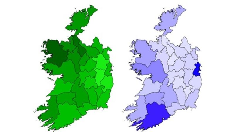 Right: Counties with the highest proportions of returned Irish migrants in 2006 - Mayo comes in on top at 14.9 per cent, followed by Leitrim, Sligo, Roscommon, Donegal, and Kerry - exemplify return migrants’ attraction to ‘home’ as a local place. Left: Counties with the highest number of returned migrants. Source: CSO