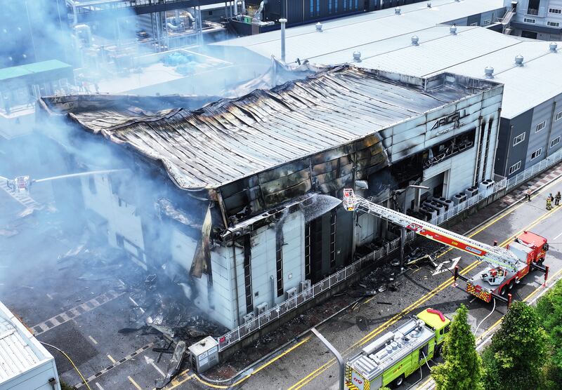 Firefighters battle the blaze at the lithium battery-producing facility in Hwaseong, South Korea. Photograph: Yonhap/AP