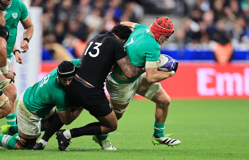 Ireland’s Josh van der Flier is tackled by All Blacks Rieko Ioane at the Stade de France. 'Because it’s such a close game, you look back at every mistake you made.' Photograph: Billy Stickland/Inpho