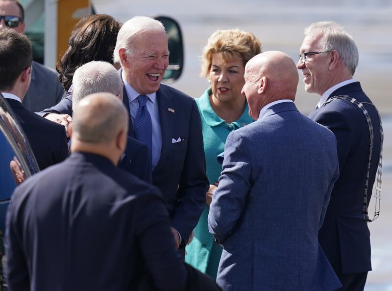 US President Joe Biden is welcomed as he arrives at Ireland West Airport Knock in Co Mayo on the last day of his visit to the island of Ireland.