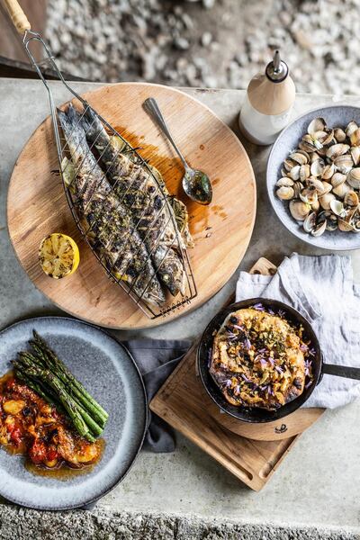 The Wicklow Escape: seabass, flatbread, cockles, asparagus, roasted tomatoes. Photograph: Liosa McNamara