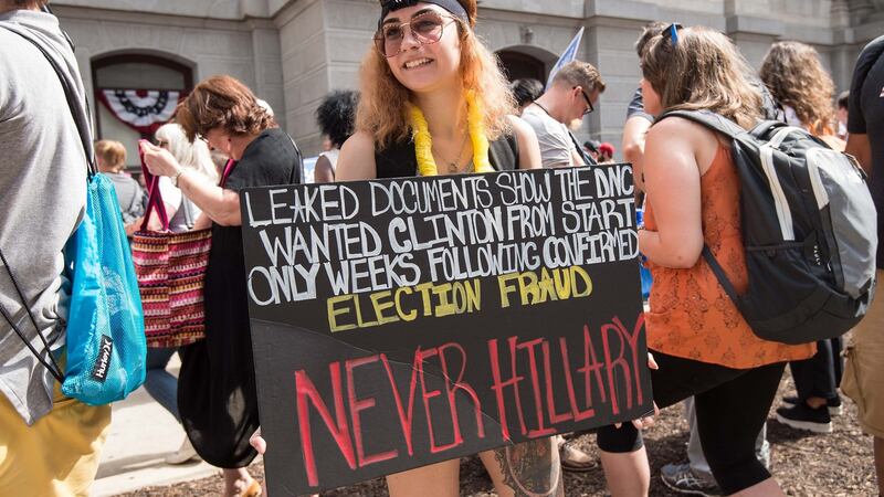 A Bernie Sanders supporter protests in Philadelphia. Photograph: Nicholas Kamm/ AFP/Getty