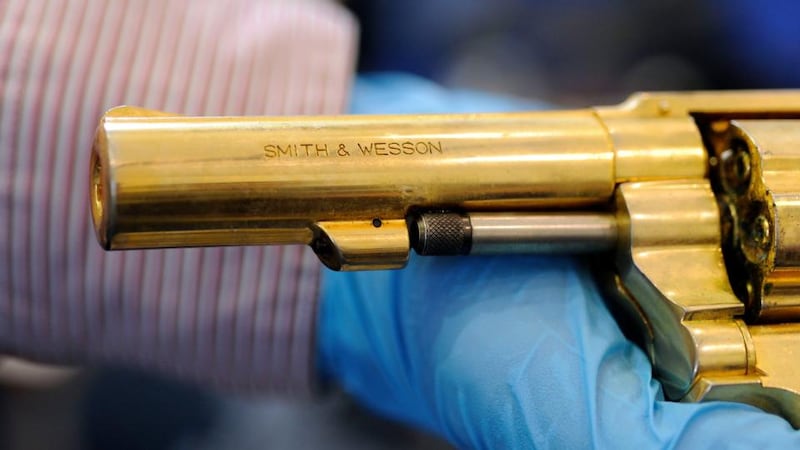 A gold-coloured Smith and Wesson revolver that was recovered in a Garda operation at Cloghran, Co Dublin recently. Photograph: Dave Meehan/The Irish Times