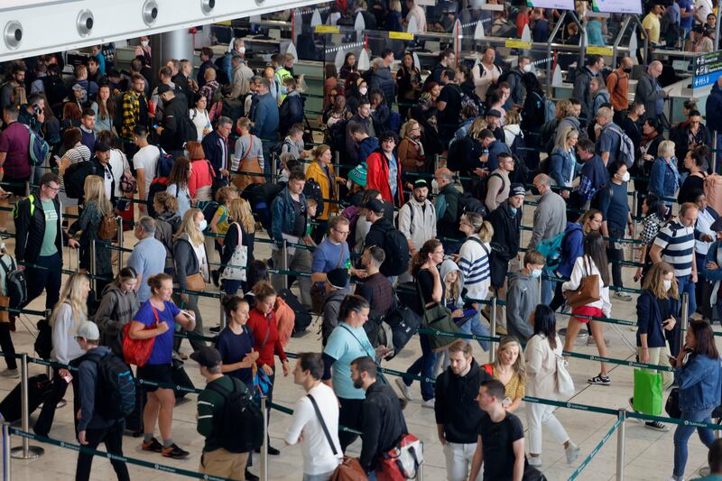 A queue for the Departure Gates inside Terminal 1 at Dublin Airport. Photograph: Alan Betson

