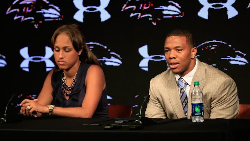 Why Judge a victim of abuse? Ray Rice at a news conference with his wife Janay. He had faced assault charges over an incident in February this year. Photograph: Rob Carr/Getty Images