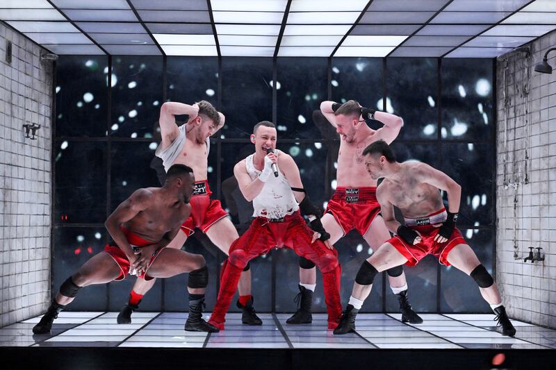 Olly Alexander, representing the UK, rehearsing his song Dizzy. Photograph: Jessica Gow/AFP via Getty