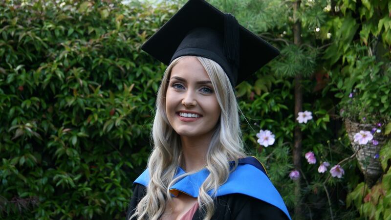 Clodagh O’Keeffe, a UCD graduate from Rathmines, Dublin, wearing a robe for her virtual graduation.