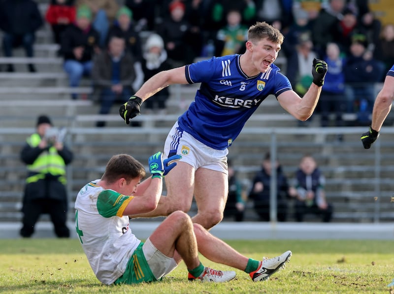 Kerry’s Diarmuid O’Connor celebrates after scoring a goal against Donegal at Fitzgerald Stadium. Photograph: Lorraine O’Sullivan/Inpho