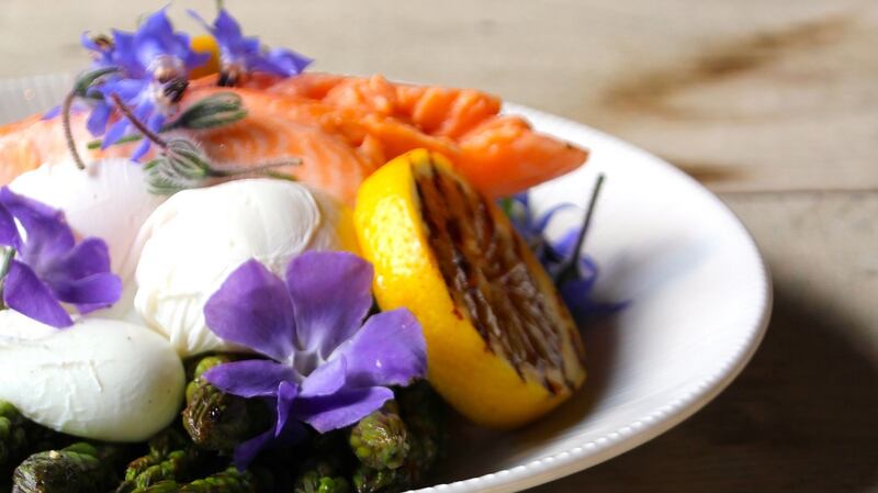 Asparagus, poached egg and hot smoked trout salad