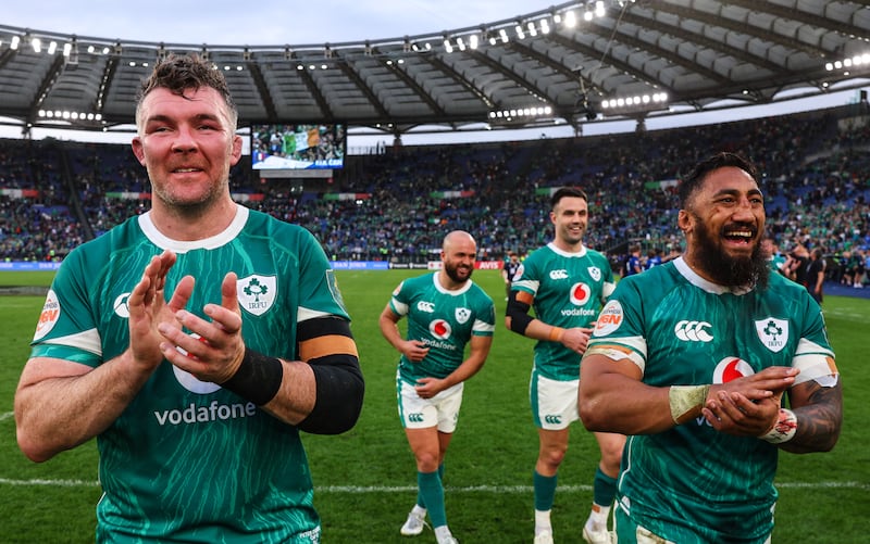 Ireland’s Peter O’Mahony, Jamison Gibson-Park, Conor Murray and Bundee Aki celebrate the win over Italy at Stadio Olimpico. Photograph: Billy Stickland/Inpho