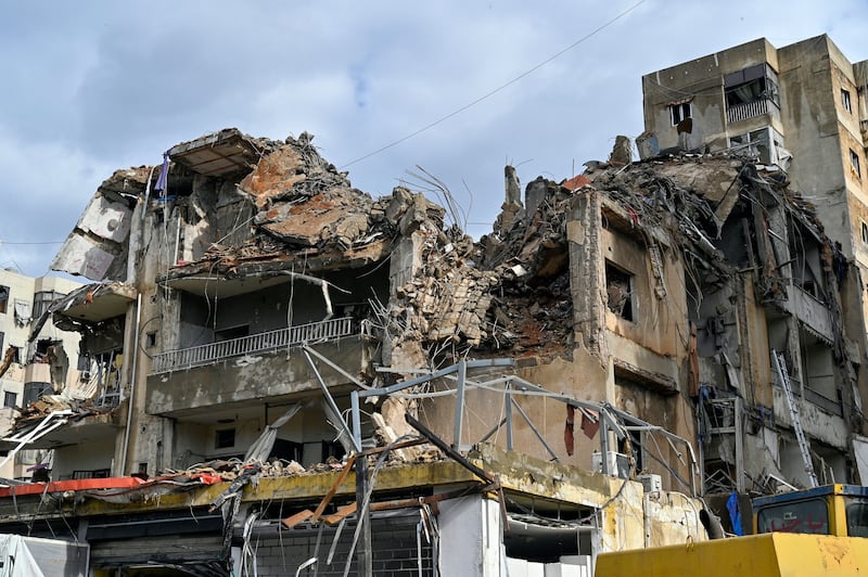 The rubble of a damaged building after an Israeli air strike in the Al-Chiyah area in southern Beirut, Lebanon. Photograph: Wael Hamzeh/EPA-EFE