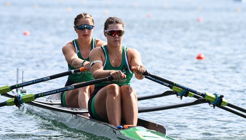 Alison Bergin and Zoe Hyde in action at the World Championships in Belgrade. Photograph: Maren Derlien/Inpho 