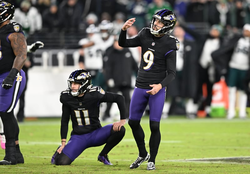 Justin Tucker of the Baltimore Ravens reacts to a missed kick against the Philadelphia Eagles. Photograph: Greg Fiume/Getty Images