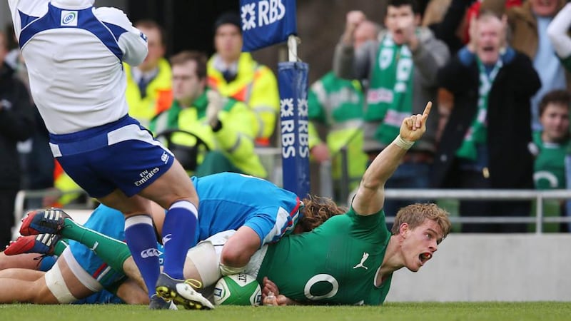 Ireland’s Andrew Trimble celebrates scoreing their second try.  Photograph: Billy Stickland/Inpho