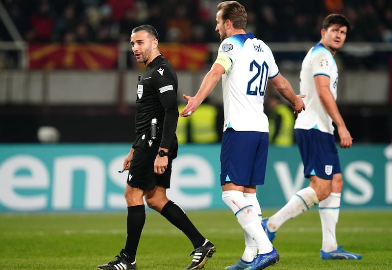 England's Harry Kane appeals to referee Filip Glova during the Euro 2024 Qualifying Group C match in Skopje, North Macedonia. Photograph: Nick Potts/PA Wire

