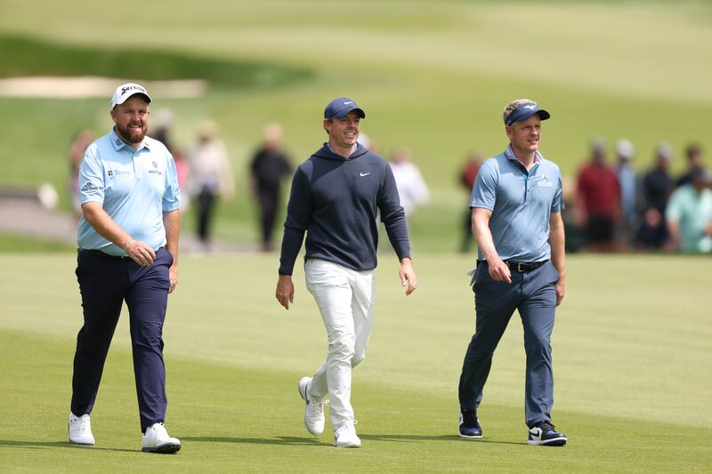 Rory McIlroy walks with Shane Lowry and Luke Donald during a practice round for the 2023 US PGA Championship at Oak Hill Country Club in Rochester, New York. Photograph: Warren Little/Getty Images