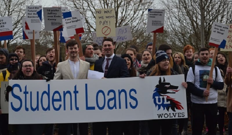 Academic Officer Donal Foley and Welfare Officer Caolan O'Donnell stand with protesters. Photograph: Paul Saunders