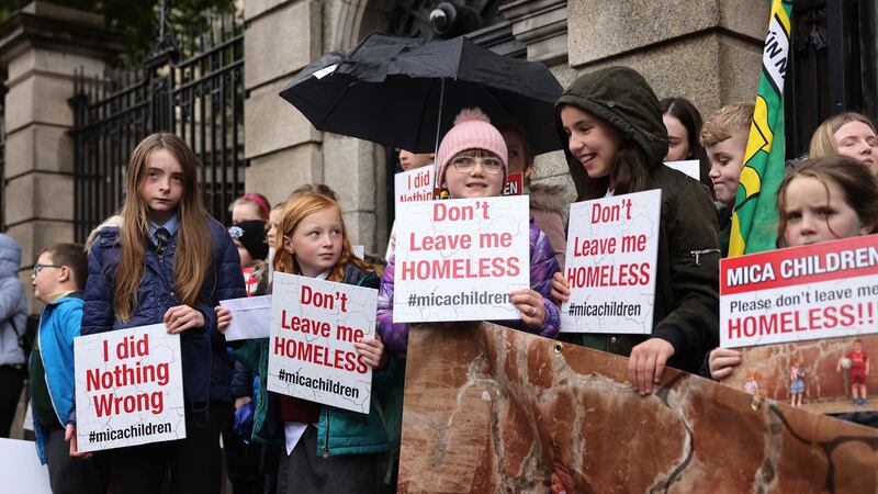 Children of families from Co Donegal, affected by  Mica in their homes, protesting outside the Dáil in October. Photograph: Dara Mac Dónaill