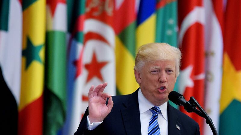 US president Donald Trump speaks during the Arabic Islamic American Summit at the King Abdulaziz Conference Center in Riyadh on Sunday. Photograph:  Mandel Ngan/AFP/Getty Images