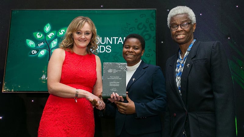 Gillian Peters, Business Development Director, CPA Ireland presents the Part- Qualified Accountant of the Year award to Lovina Ngozi Okoli and Sabina Anokwu, Missionary Sisters of the Holy Rosary