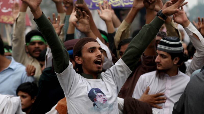 Supporters of Islamic political party Tehrik Labaik Pakistan shout slogans during a protest  after the Supreme Court acquitted Asia Bibi, a Christian accused of blasphemy, and annulled her death sentence for allegedly insulting the Prophet Muhammad in 2009, in Lahore, Pakistan. Photograph: Rahat Dar/EPA