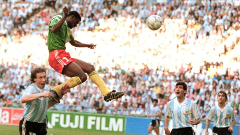 François Omam-Biyik scores Cameroon’s winner against Argentina. Photograph: Staff/Getty