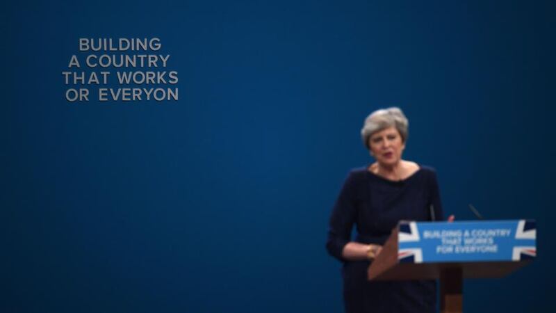 Theresa May’s speech: letters begin to fall off the backdrop during the British prime minister’s keynote appearance at the Conservative Party conference in Manchester. Photograph: Carl Court/Getty