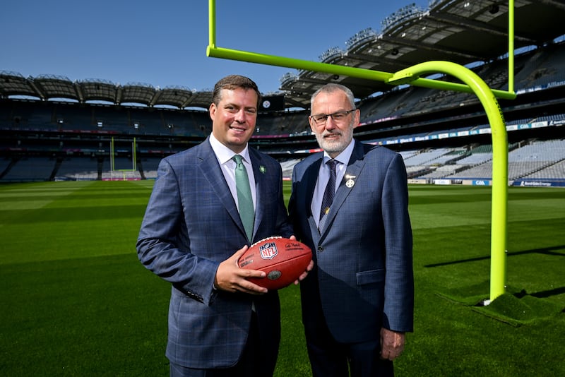 Pittsburgh Steelers director of business development and strategy Dan Rooney (left) with former GAA president Larry McCarthy. Photograph: Brendan Moran/Sportsfile 