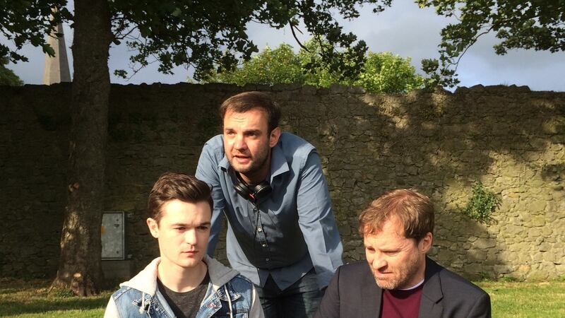 Tom Ryan (back) on set with Shane Murray-Corcoran and Ardal O’Hanlon