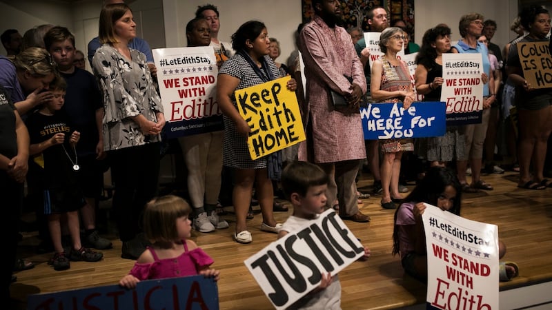 Supporters of Edith Espinal gather in the Columbus Mennonite Church in Columbus, Ohio. Photograph: Maddie McGarvey/The New York Times