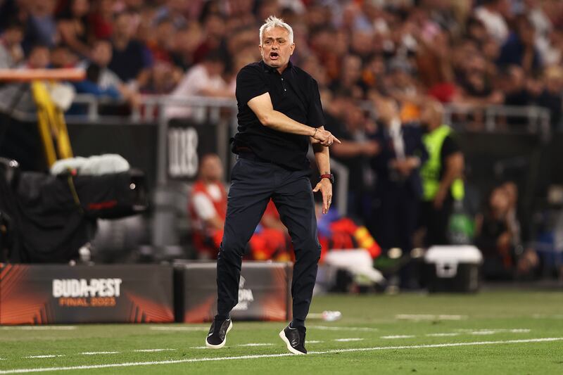 Air rage: José Mourinho shows his anger during last week's Europa League final in which his team, Roma, lost to Sevilla. Photograph: Naomi Baker/Getty Images