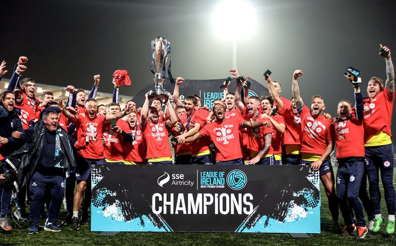 Shelbourne celebrate winning the SSE Airtricity League Premier Division after defeating Derry City at Ryan McBride Brandywell Stadium in November. Photograph: Dan Sheridan/Inpho