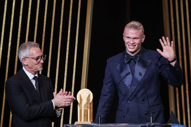 Erling Haaland as he receives the Gerd Muller Trophy for Best Striker during the 2023 Ballon d'Or France Football award ceremony. Photograph: Franck Fife/AFP via Getty Images