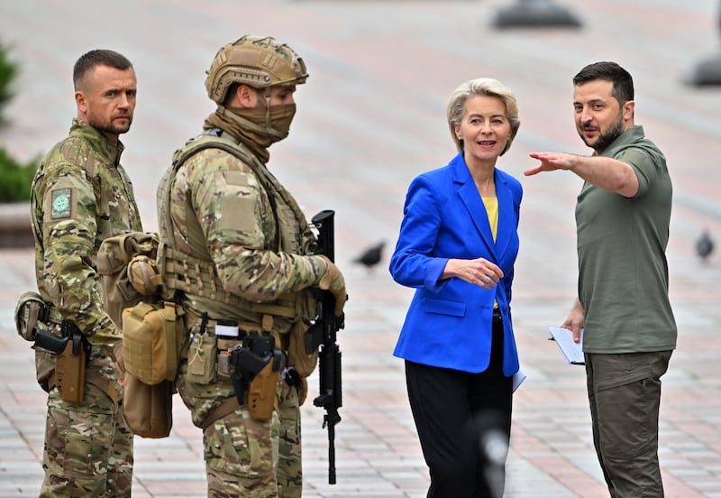 Ukrainian president Volodymyr Zelensky speaks with the president of the European Commission, Ursula von der Leyen, after a press conference following their talks in Kyiv on September 15th, 2022. Photograph: Sergei Supinsky/AFP/Getty Images