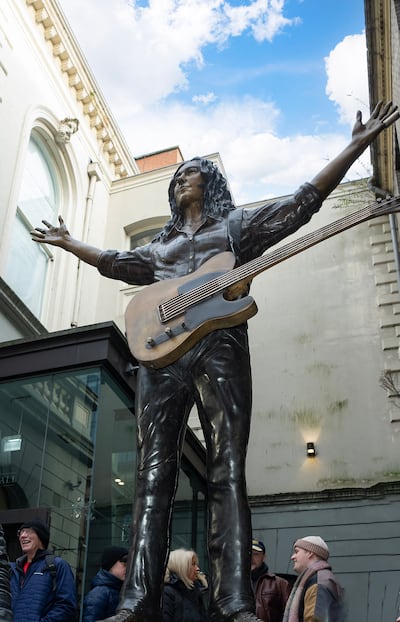 The statue of musician Rory Gallagher unveiled at the Ulster Hall on Saturday. Photograph: Brian Morrison/PA