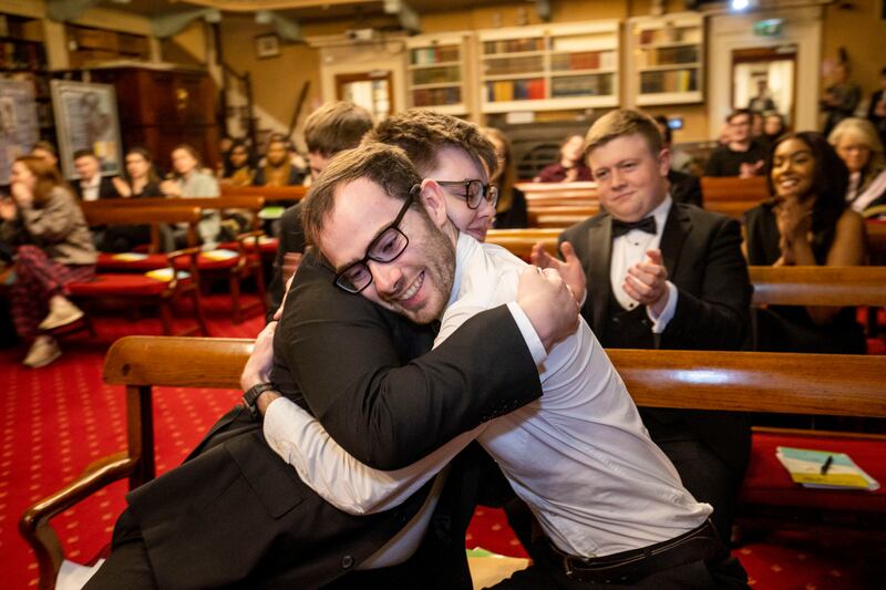 Rob Fitzpatrick and Owen O'Grady of UCD's L&H pictured after won a place in the final. Photograph: Tom Honan