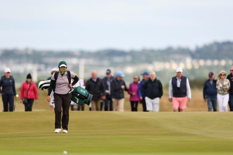 Melanie Green of the US carries her own bag during her victory over  Danish teenager Marie Eline Madsen in the semi-finals of the Women's Amateur Championship at Portmarnock GC. Photograph: Oisin Keniry/R&A/R&A via Getty Images