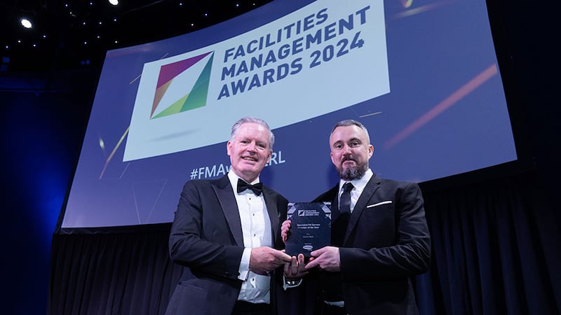 John Staunton, commercial sales manager of Thorntons Recyling, presents the specialist FM service provider of the year award to Paul Kane, Mastertech