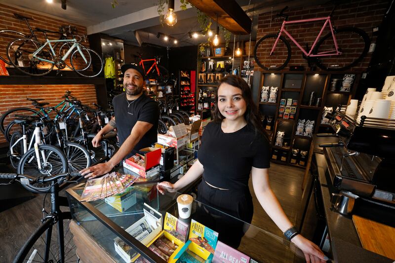 Pedro Bottero and Maria Carrero in Life in Motion – the bicycle repair and coffee shop in Harold’s Cross, Dublin. Photograph: Nick Bradshaw