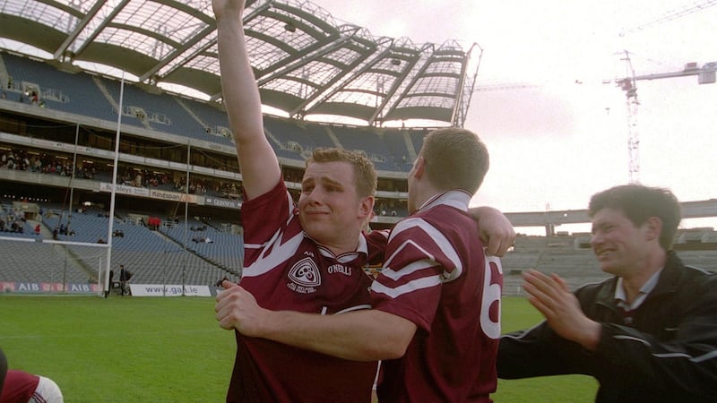 Stephen Rochford and Damien Mulligan celebrate Crossmolina’s win. Photo: Lorraine O’Sullivan/Inpho