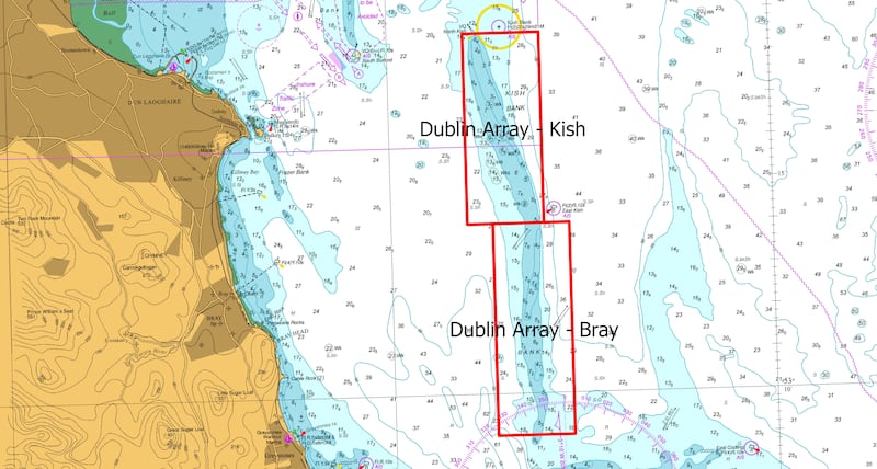 The proposed location of the Dublin Array wind farm in the Irish Sea. Map © British Crown and OceanWise, 2022. All rights reserved. Licence no. EMS-EK001-645692.  