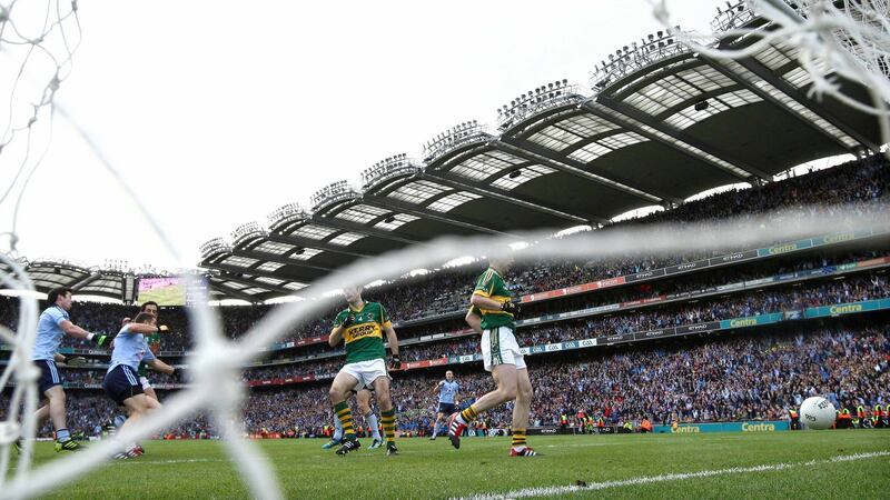 Kevin McManamon celebrates scoring a crucial late goal to begin Dublin’s successful late comeback against Kerry in the 2011 All-Ireland final. Photograph: Morgan Treacy/Inpho