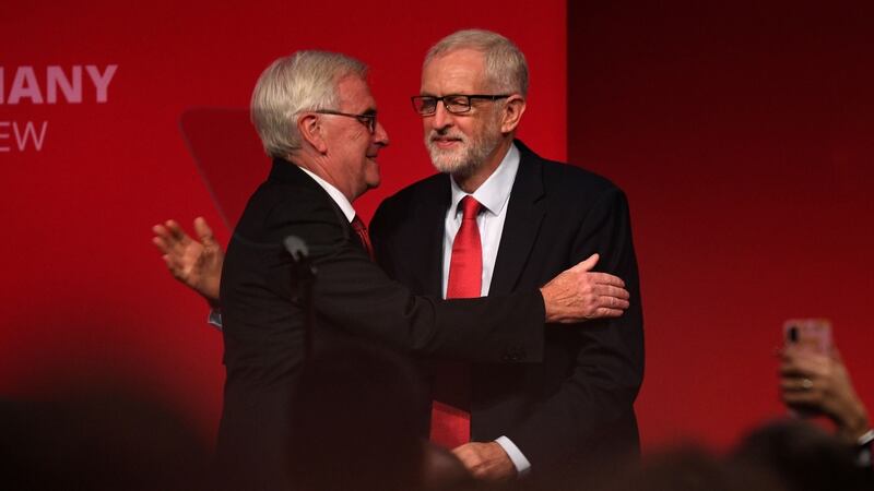 Shadow chancellor John McDonnell  with  Jeremy Corbyn before delivering his keynote speech on Monday in Brighton. Photograph:  Leon Neal/Getty Images