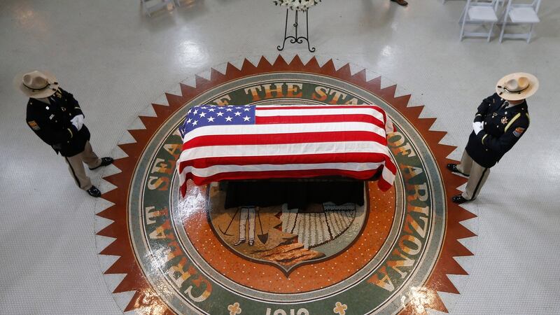 A view of the casket of  John McCain during a memorial service  in Phoenix, Arizona, US. Photograph: Ross D Franklin/EPA