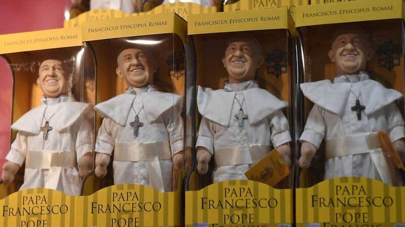 Pope Francis dolls are  for sale at a stall at the pastoral congress at the World Meeting of Families at the RDS in Dublin. Photograph: Reuters/ Clodagh Kilcoyne